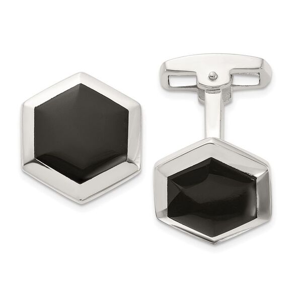 Kazi Luxury Sterling Silver Polished Onyx Hexagon Cuff Links